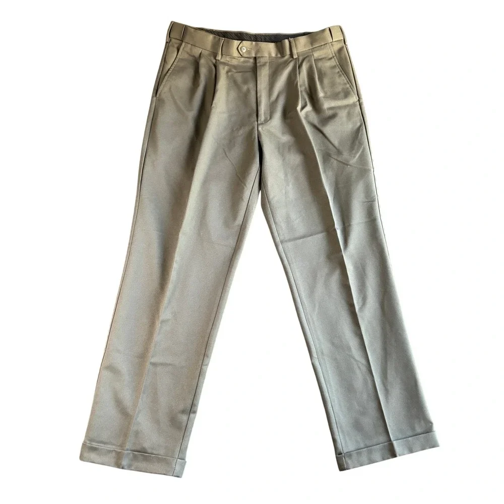 Savane Mens Pleated Dress Pants 36x32‎ Olive Green Cuffed Polyester Trousers